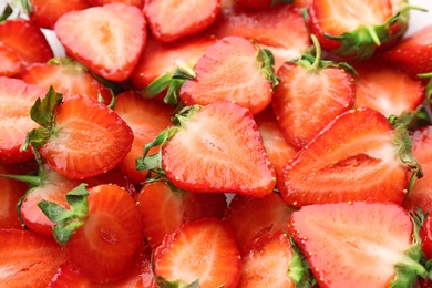 Photo of Many ripe red strawberries as background, closeup