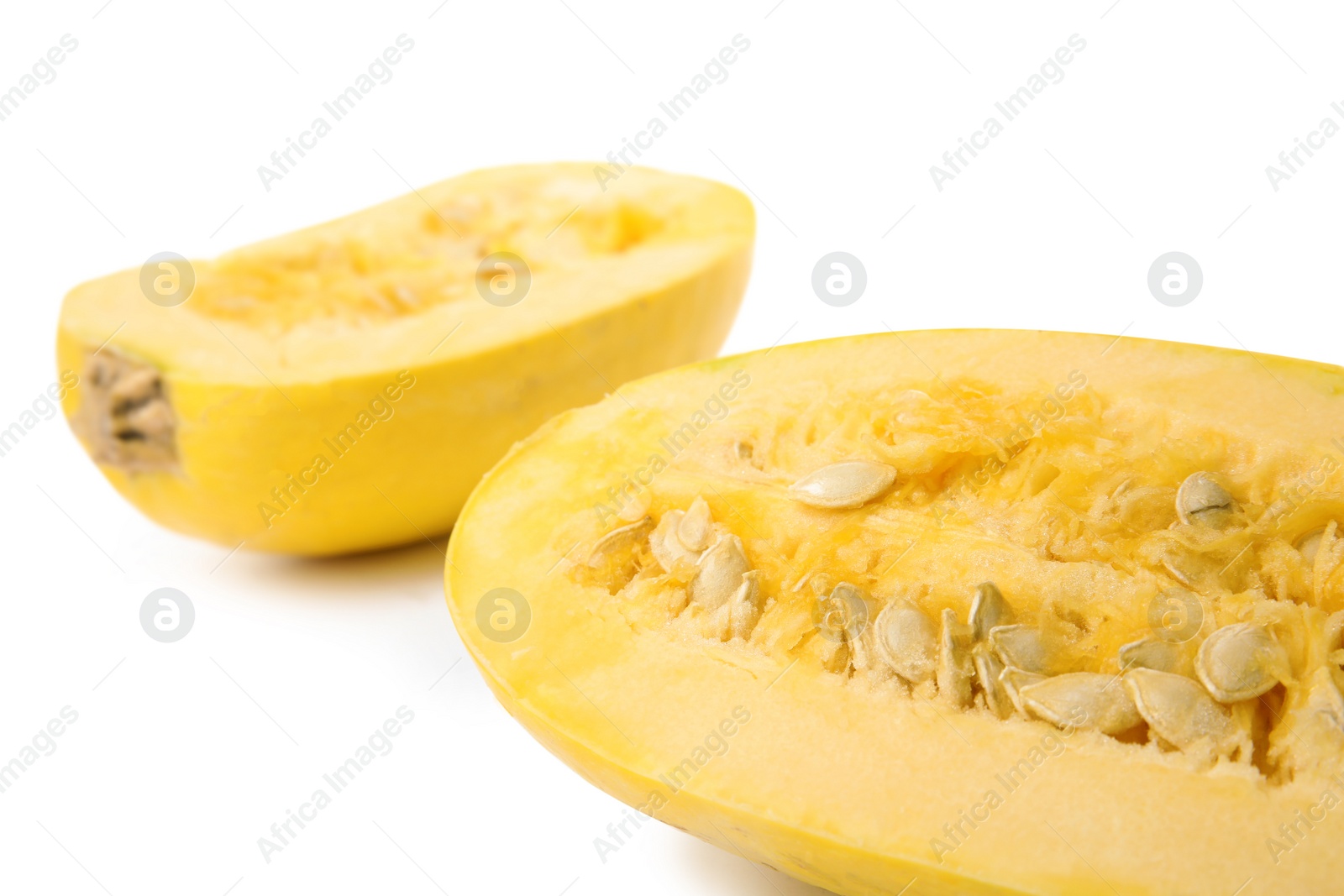 Photo of Raw cut spaghetti squash on white background