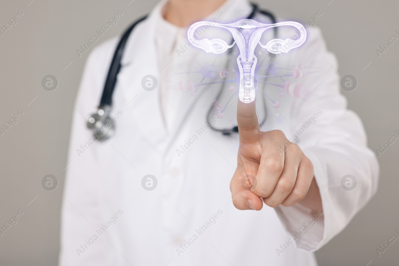 Image of Doctor and illustration of female reproductive system on grey background, closeup