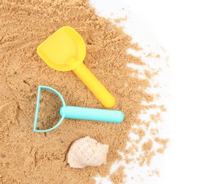 Photo of Composition with beach objects on white background, top view