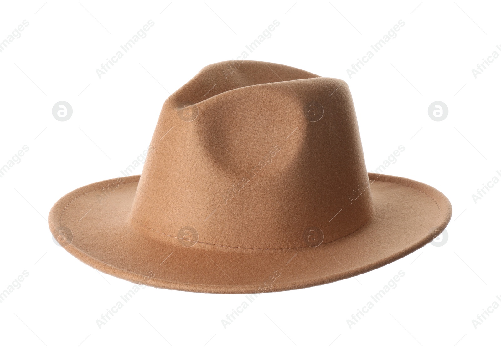 Photo of Stylish beige hat isolated on white. Trendy headdress