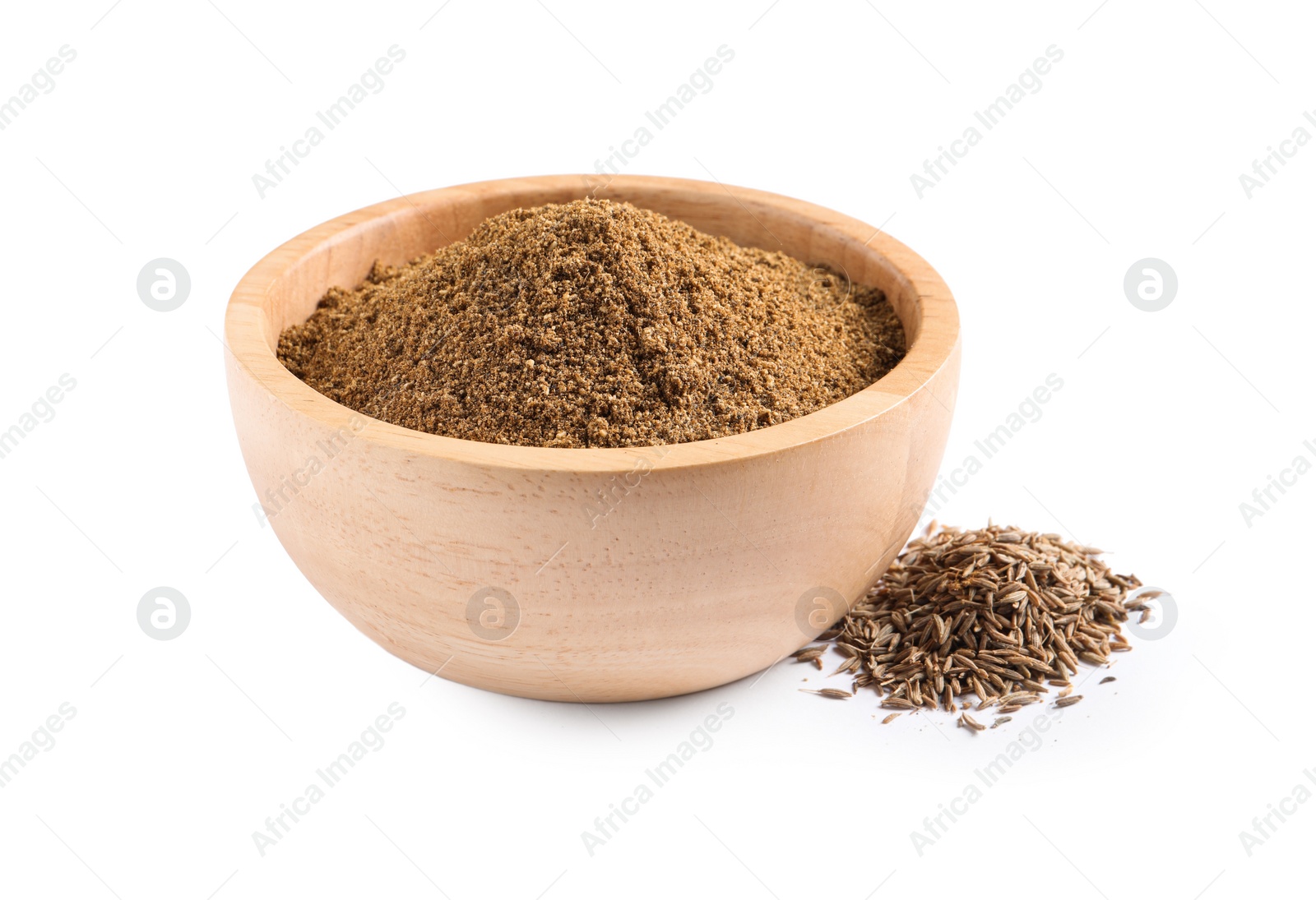 Photo of Bowl of aromatic caraway (Persian cumin) powder and dry seeds isolated on white
