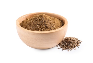 Photo of Bowl of aromatic caraway (Persian cumin) powder and dry seeds isolated on white