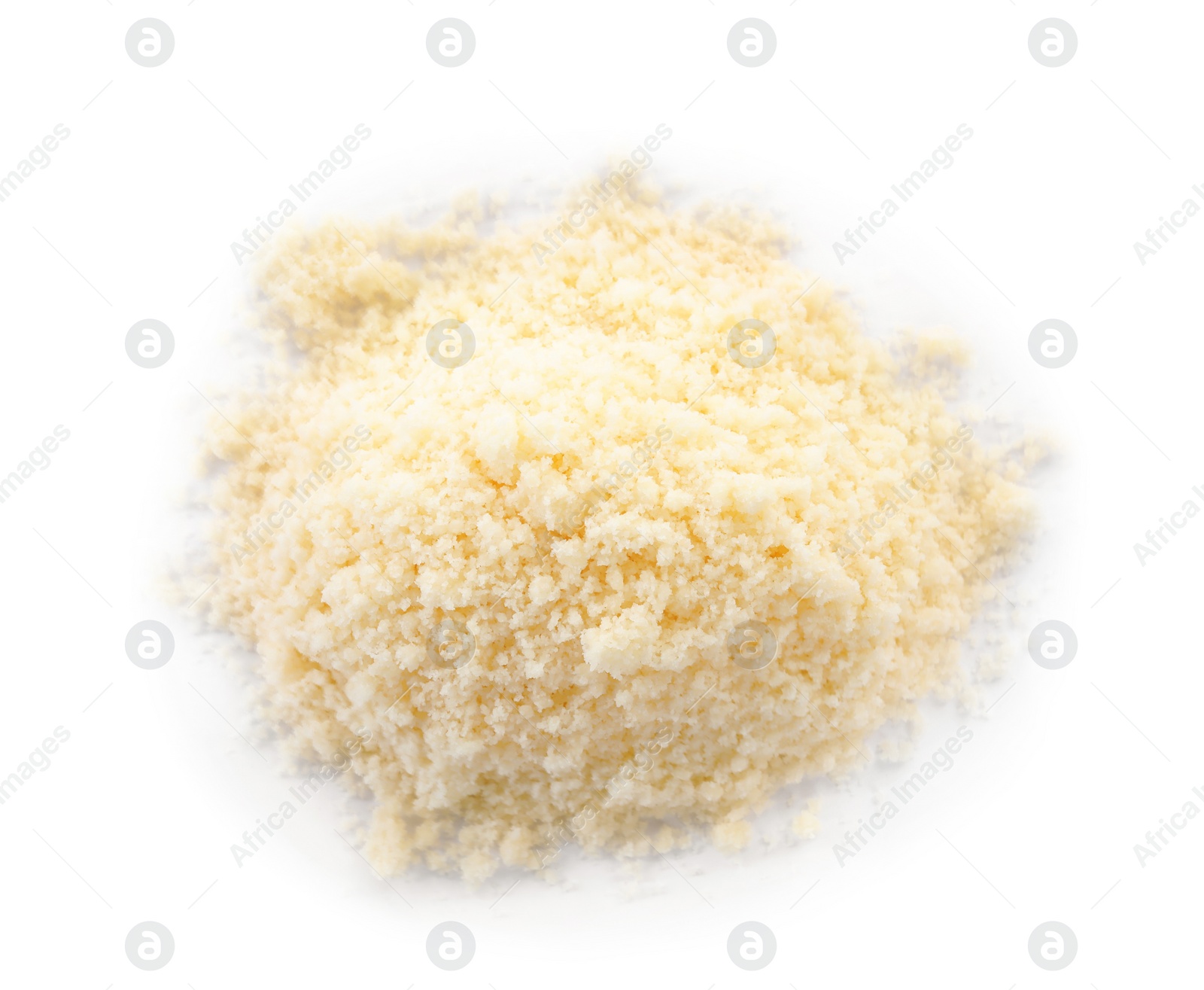 Photo of Pile of grated parmesan cheese isolated on white, top view