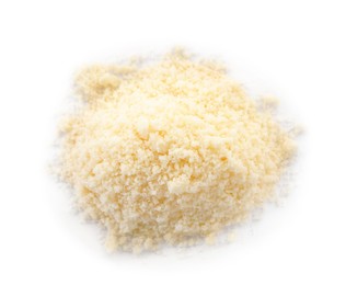 Photo of Pile of grated parmesan cheese isolated on white, top view