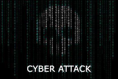 Illustration of Skull on digital binary code background. Cyber attack prevention concept