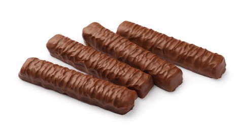 Photo of Sweet tasty chocolate bars on white background