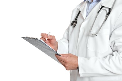 Photo of Doctor with stethoscope and clipboard on white background, closeup
