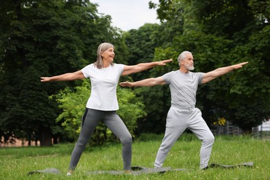 Photo of Senior couple practicing yoga on green grass in park