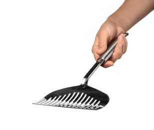 Photo of Woman holding slotted spatula on white background. Kitchen utensils