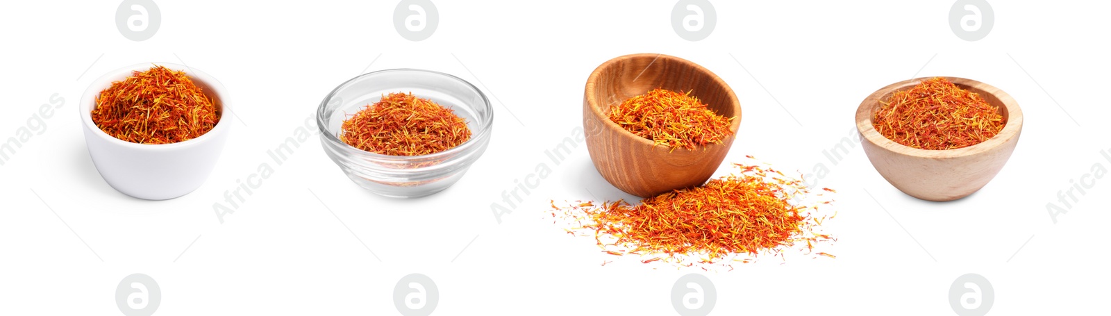 Image of Aromatic saffron in bowls isolated on white, set