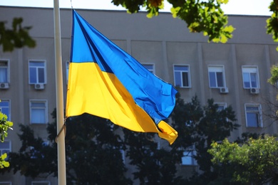 Photo of National flag of Ukraine in city park on sunny day