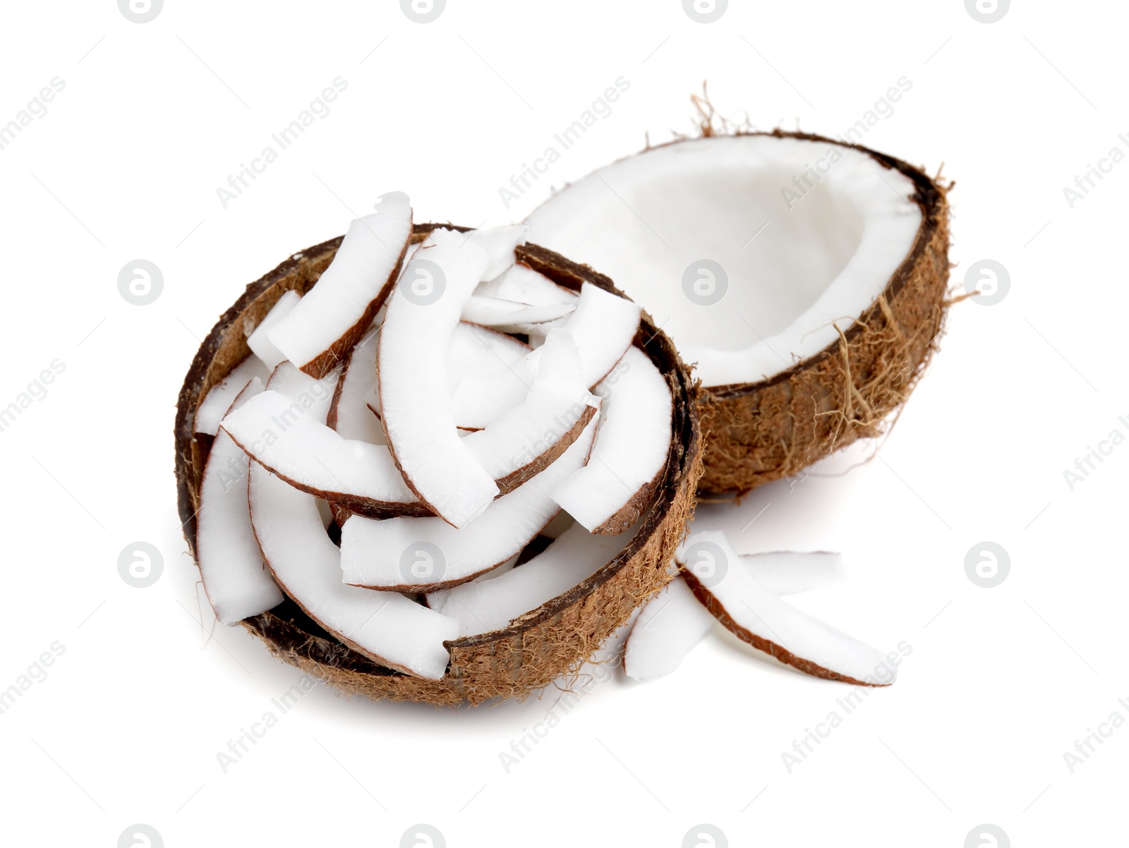 Photo of Pieces of fresh coconut isolated on white