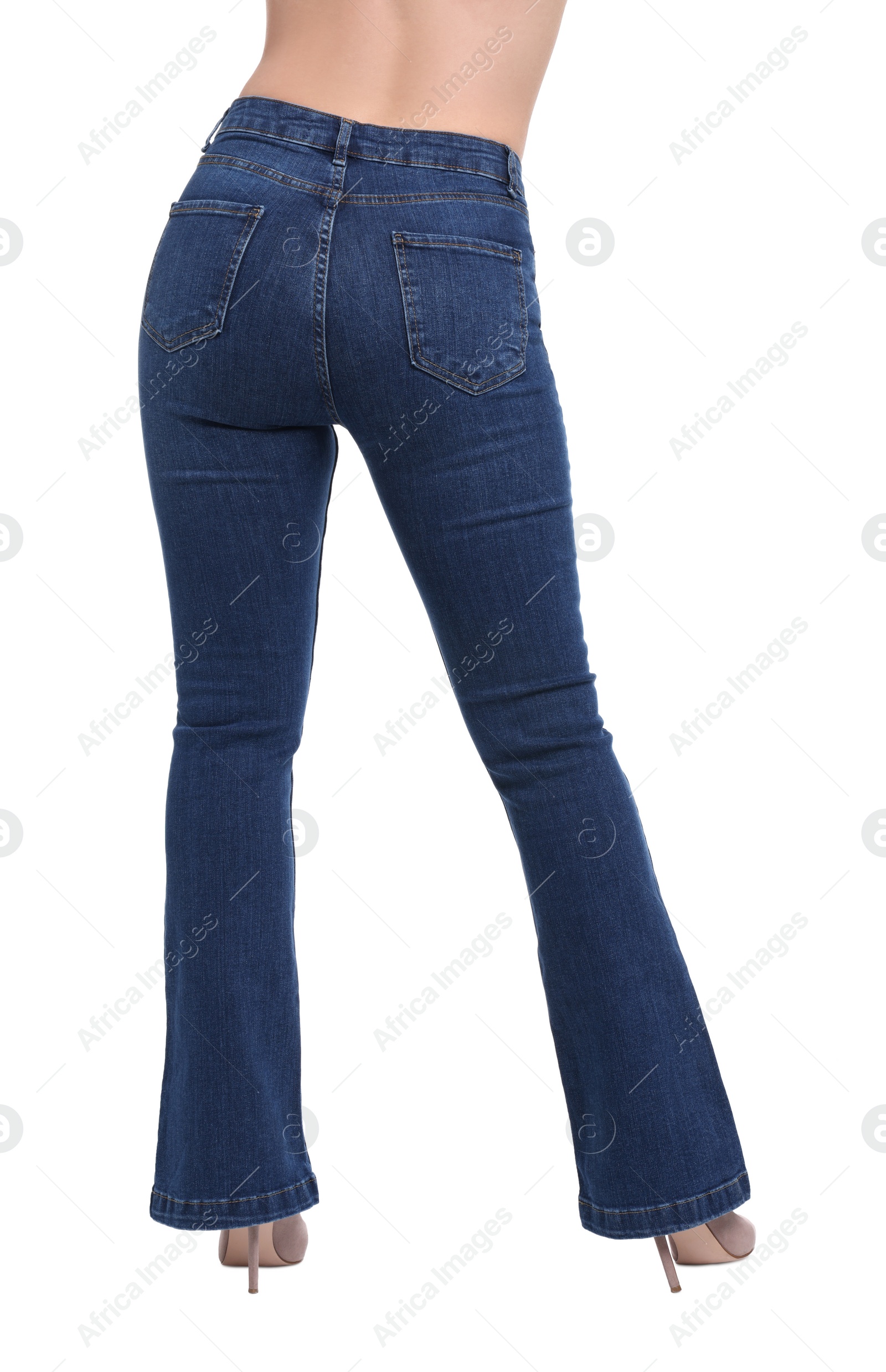 Photo of Woman in stylish jeans on white background, closeup