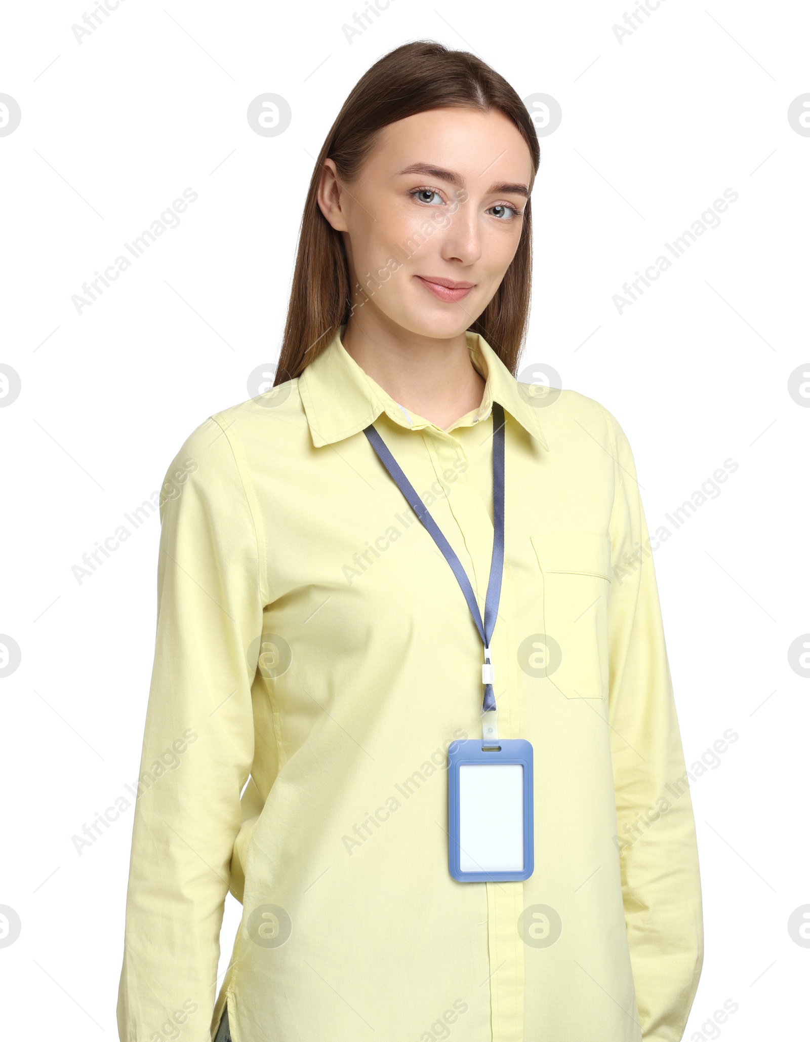 Photo of Woman with blank badge on white background