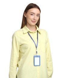 Woman with blank badge on white background