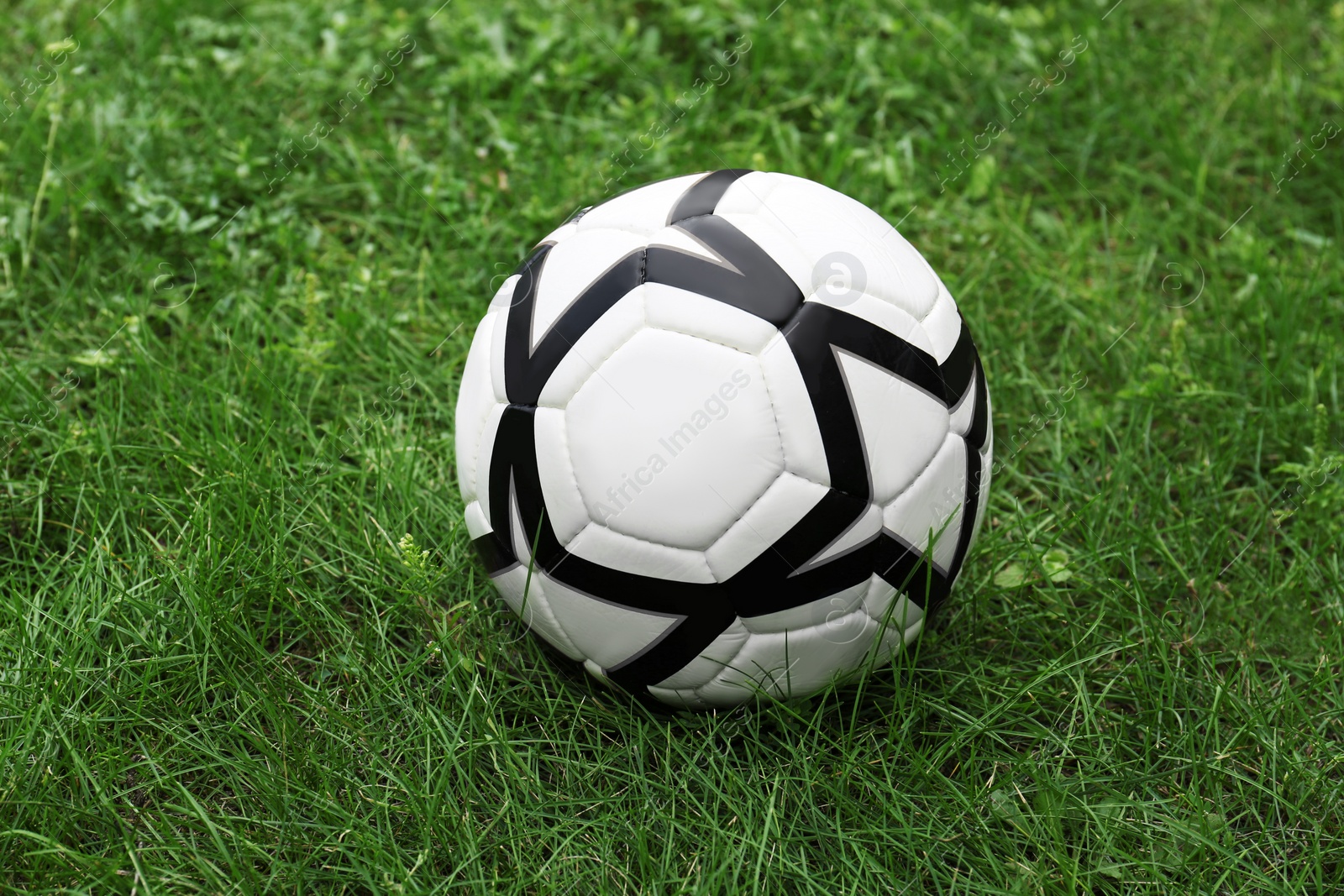 Photo of New soccer ball on fresh green grass outdoors
