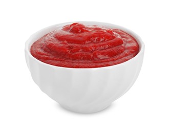 Photo of Tasty ketchup in bowl isolated on white. Tomato sauce