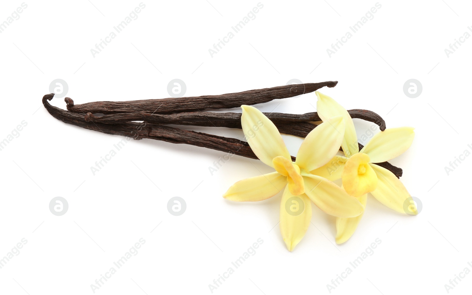 Photo of Aromatic vanilla sticks and flowers on white background