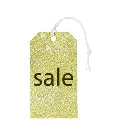 Photo of Golden tag isolated on white. Black Friday sale