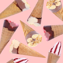 Image of Many different ice creams on pastel pink background, pattern design