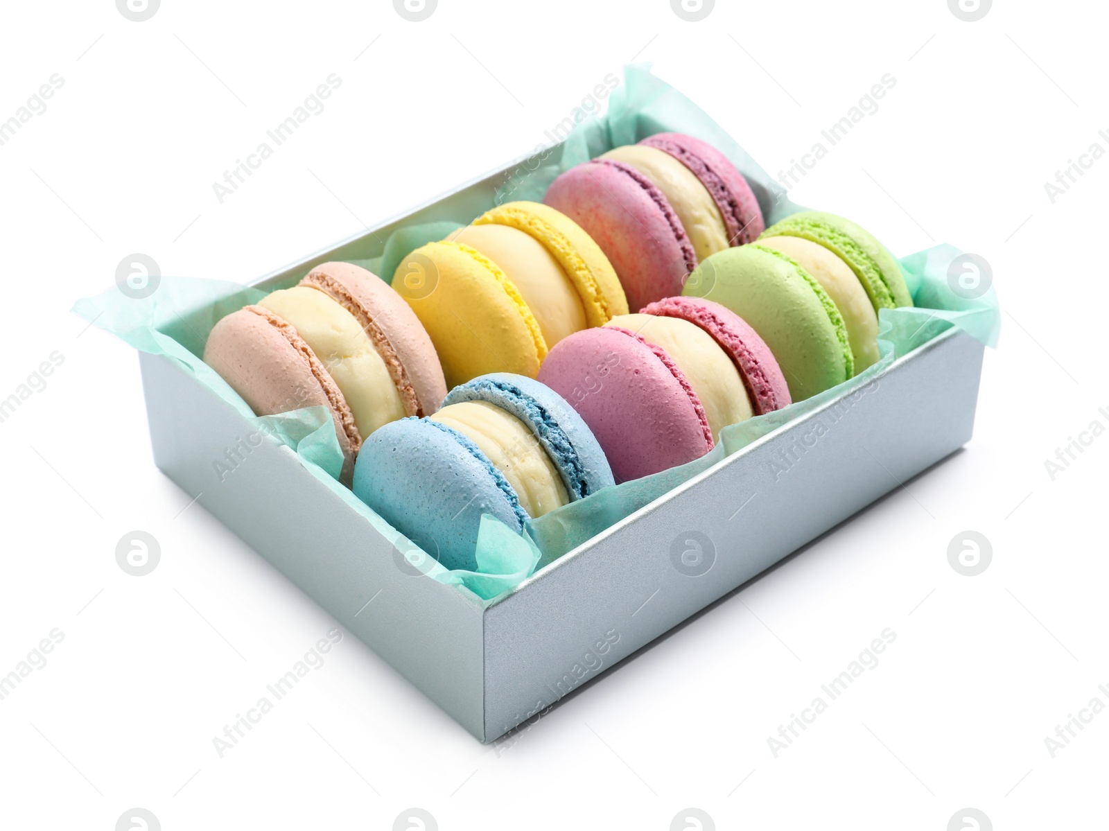 Photo of Many delicious colorful macarons in box on white background