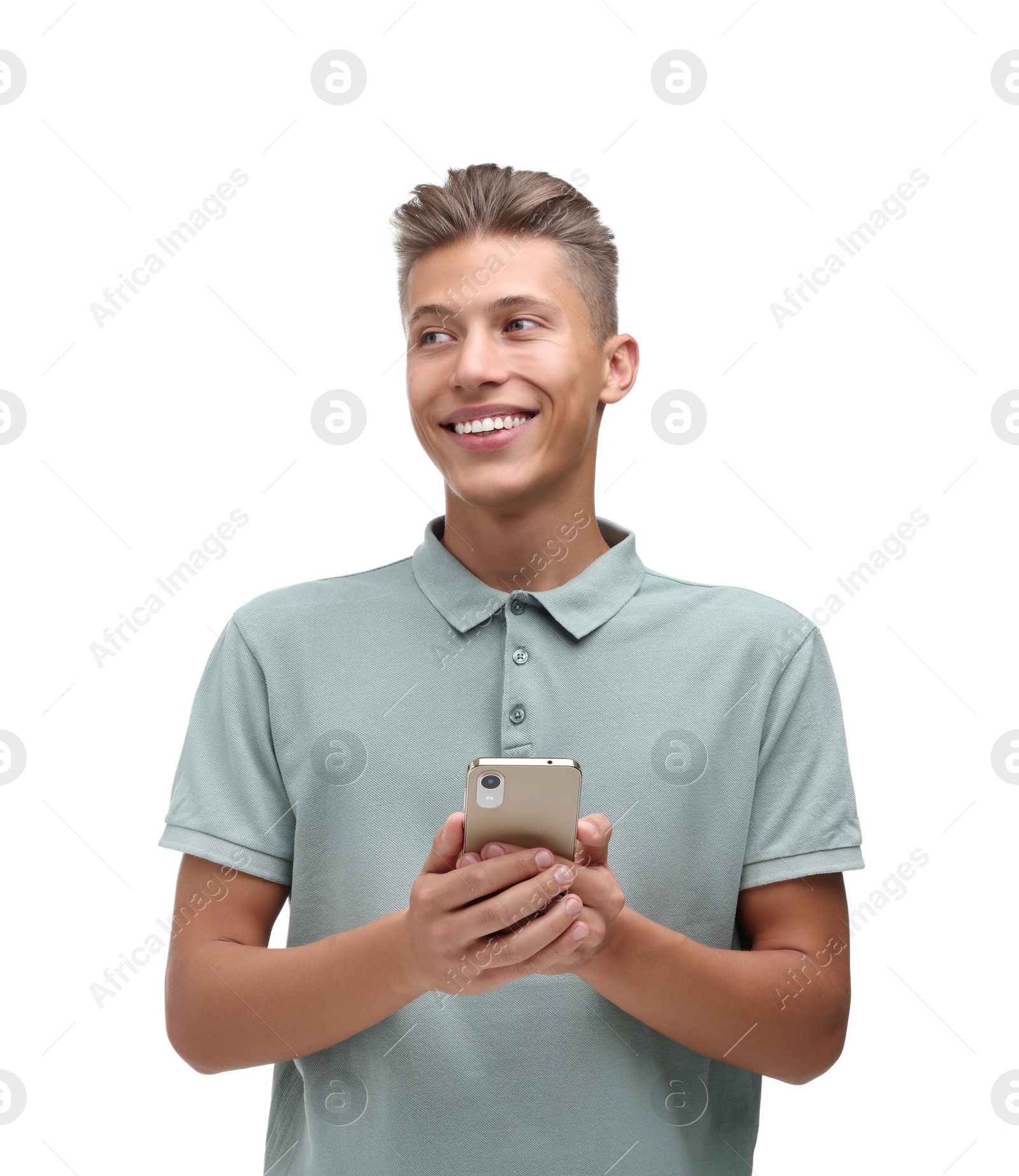 Photo of Happy young man sending message via smartphone on white background