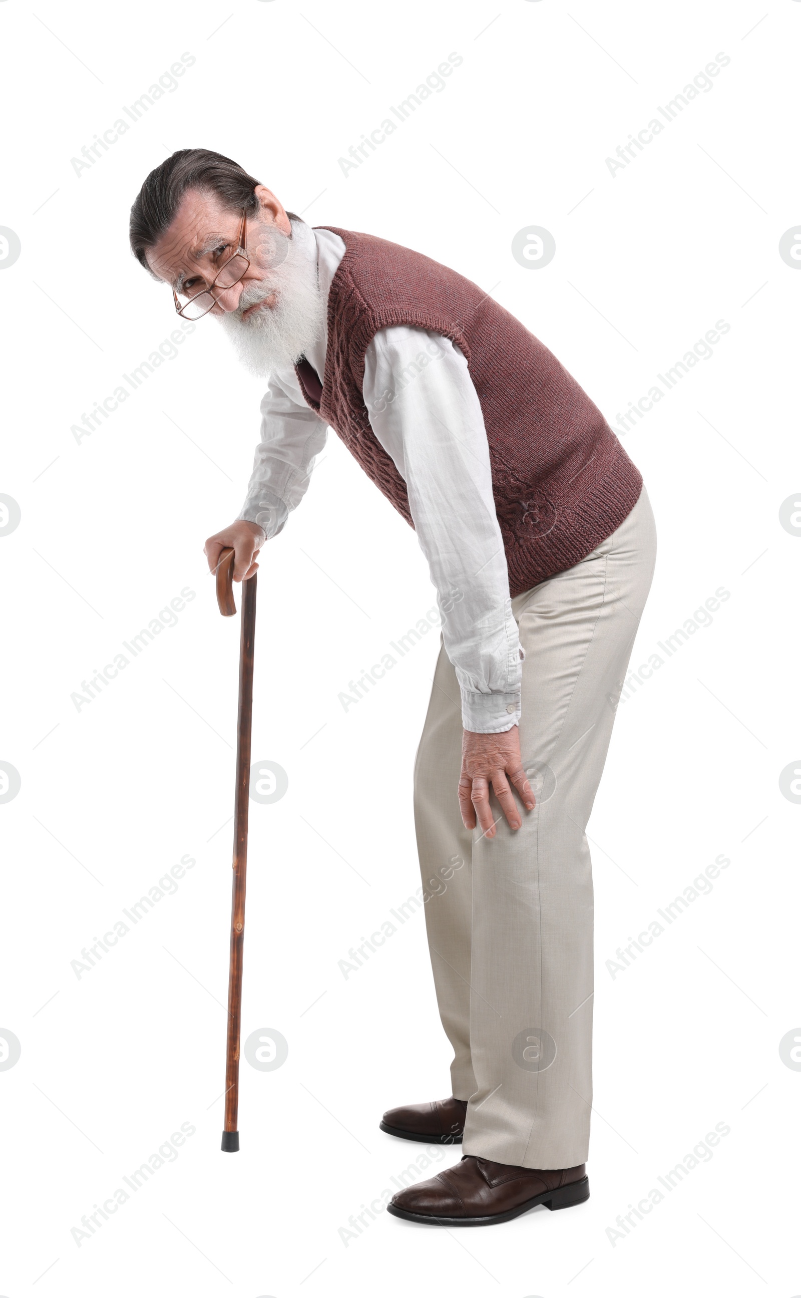 Photo of Stooped senior man with walking cane on white background