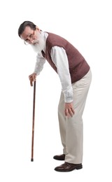 Stooped senior man with walking cane on white background