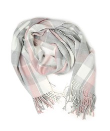 Stylish cashmere scarf isolated on white, top view