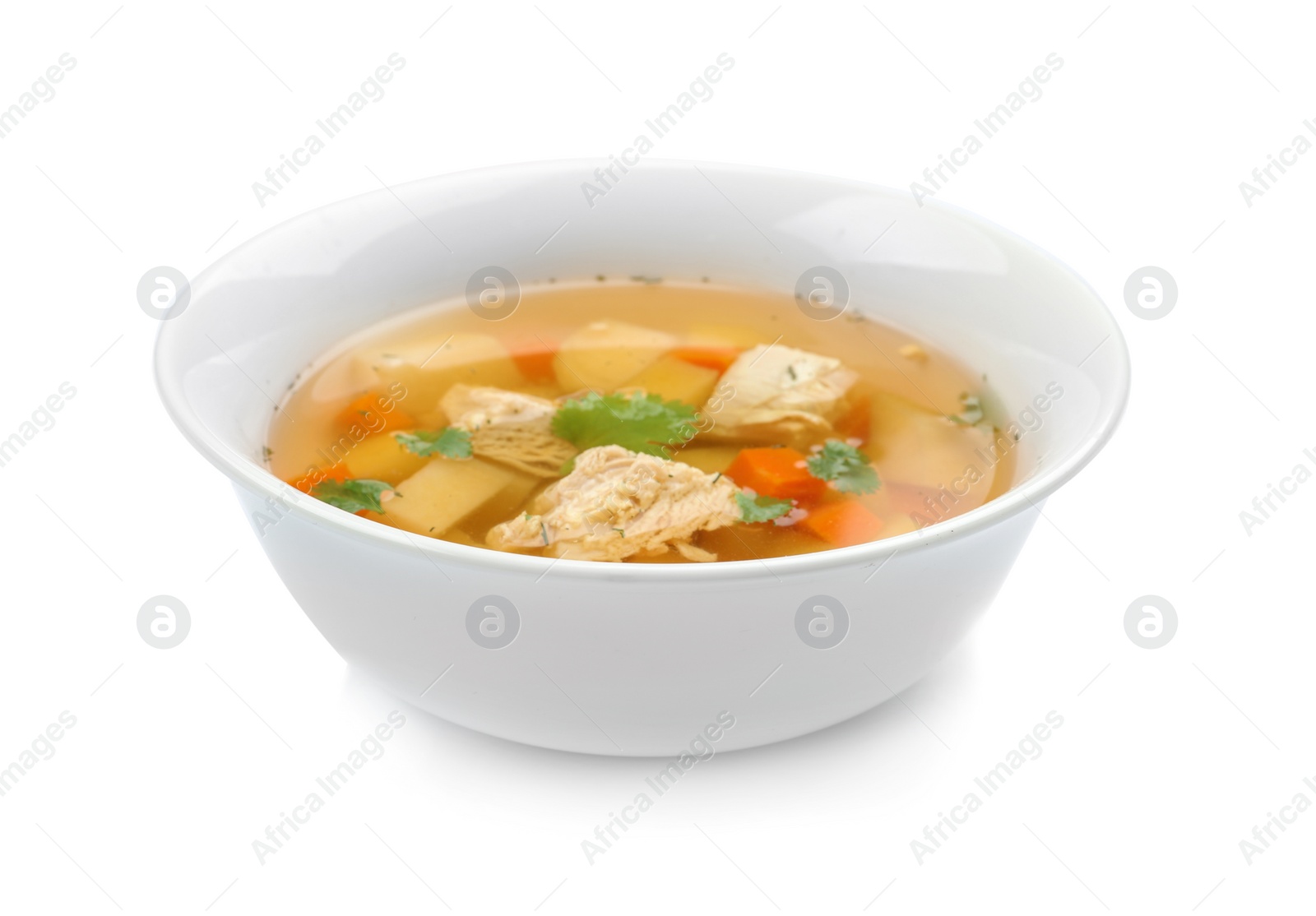 Photo of Dish with fresh homemade chicken soup on white background