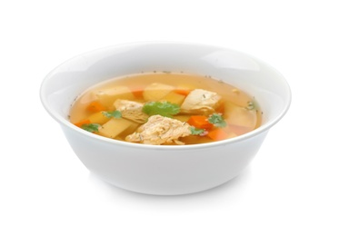 Dish with fresh homemade chicken soup on white background