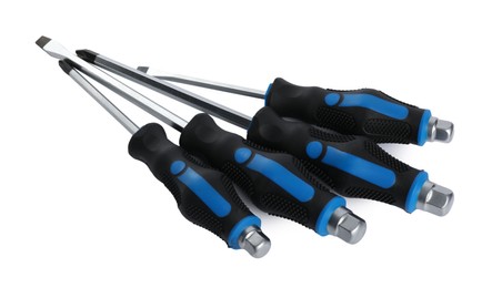 Photo of Set of screwdrivers with blue handles isolated on white