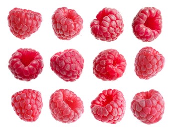 Image of Set with delicious ripe raspberries on white background