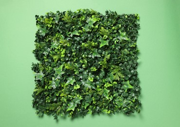 Photo of Green artificial plants on color background, top view