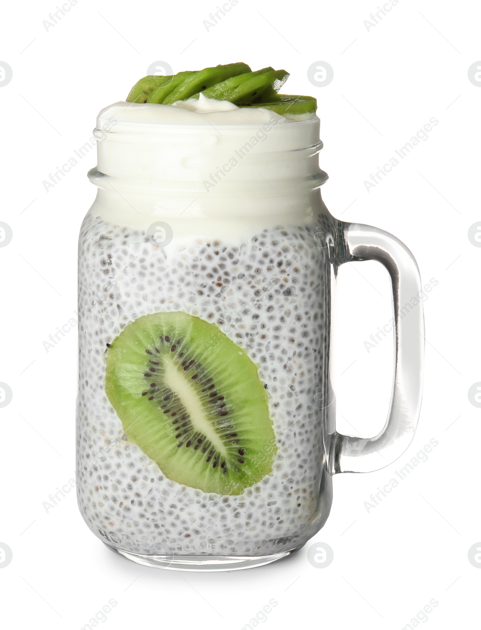 Photo of Mason jar of tasty chia seed pudding with kiwi isolated on white