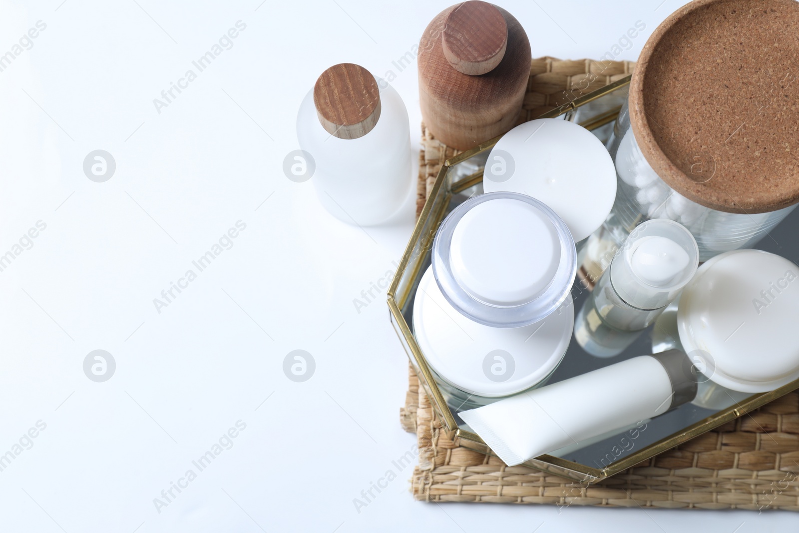 Photo of Bath accessories. Flat lay composition with personal care products on white background, space for text