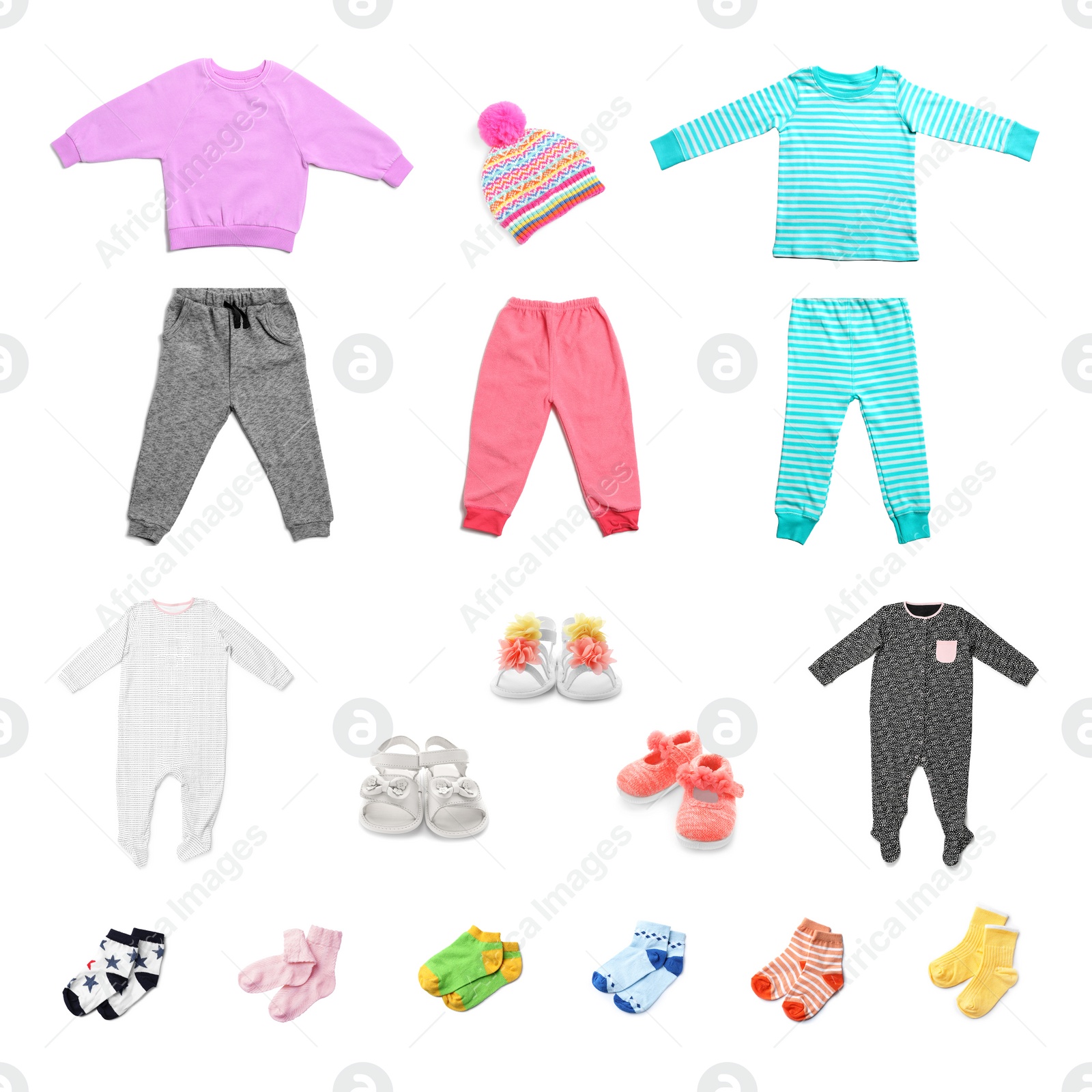 Image of Set with different baby clothes on white background 