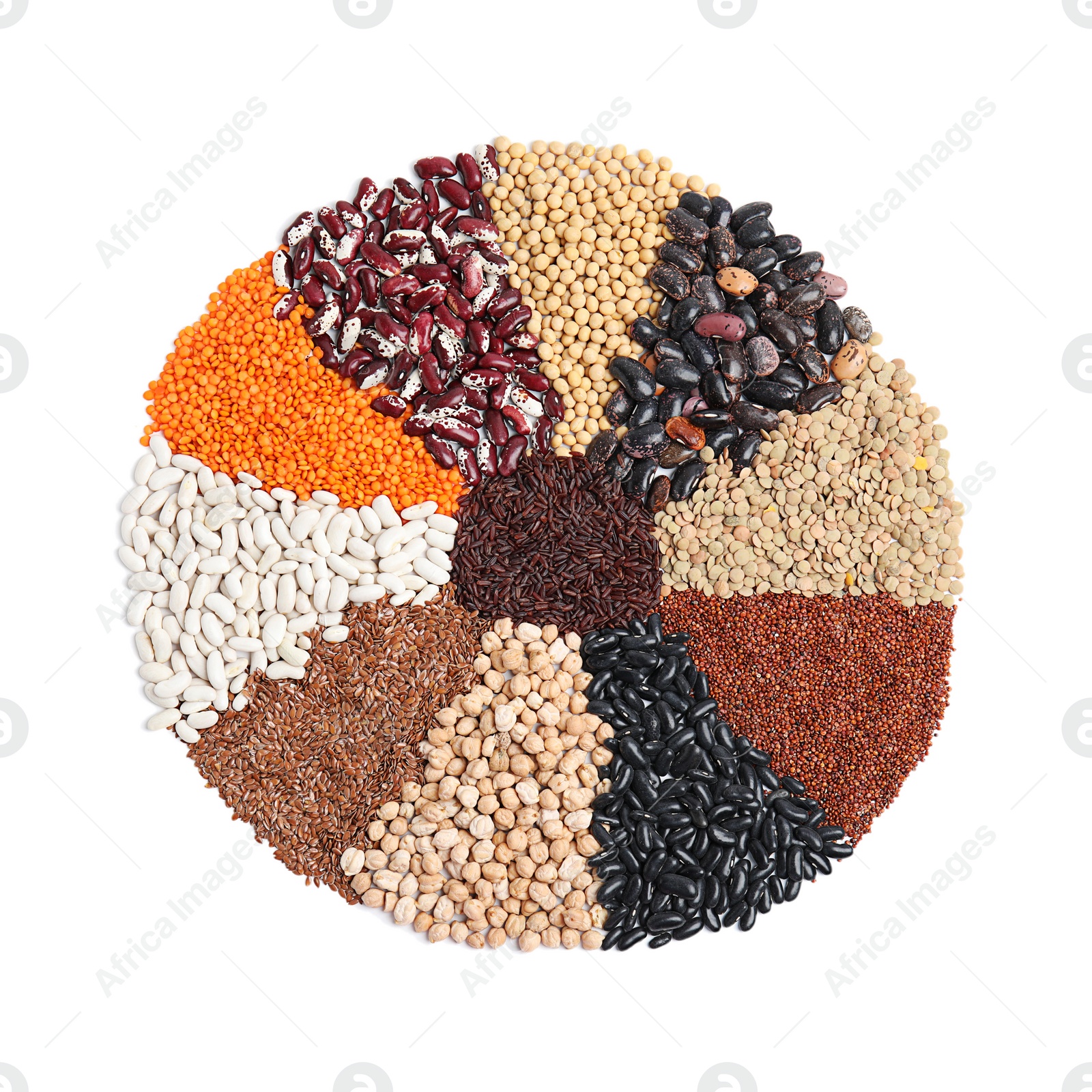 Photo of Various raw veggie seeds on white background, top view