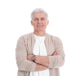 Photo of Portrait of handsome mature man on white background