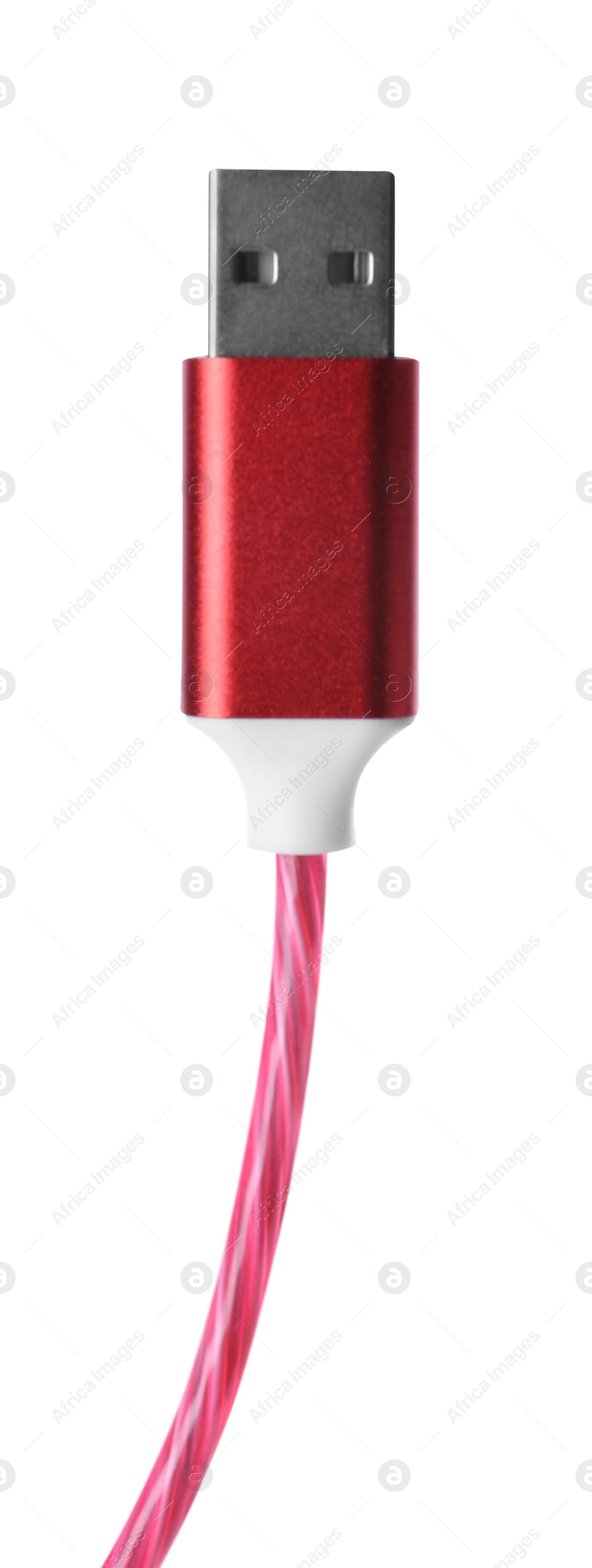 Photo of Red USB cable isolated on white. Modern technology