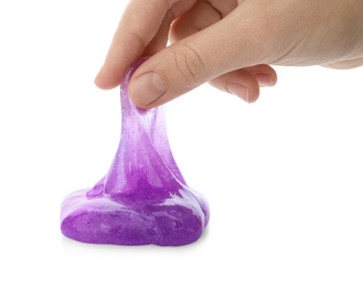 Photo of Woman playing with purple slime isolated on white, closeup. Antistress toy