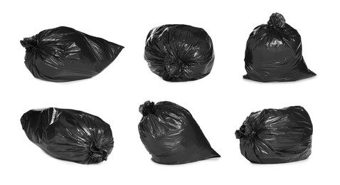 Image of Set with trash bags filled with garbage on white background 