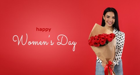 Image of Happy Women's Day, Charming lady holding bouquet of beautiful flowers on red background