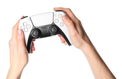 Photo of Woman with game controller on white background, closeup