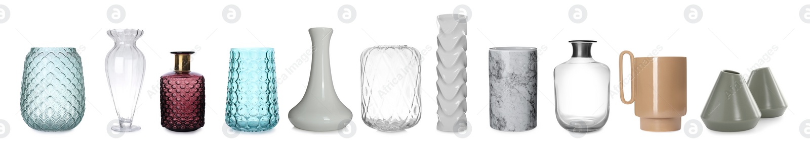 Image of Set of different stylish vases on white background