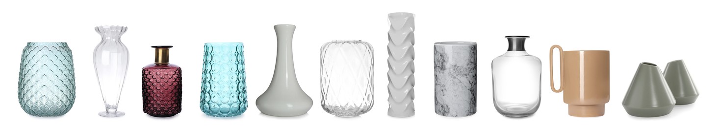 Image of Set of different stylish vases on white background