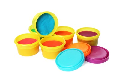 Photo of Plastic containers with colorful play dough on white background