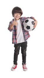 Photo of Cute little boy with soccer ball on white background