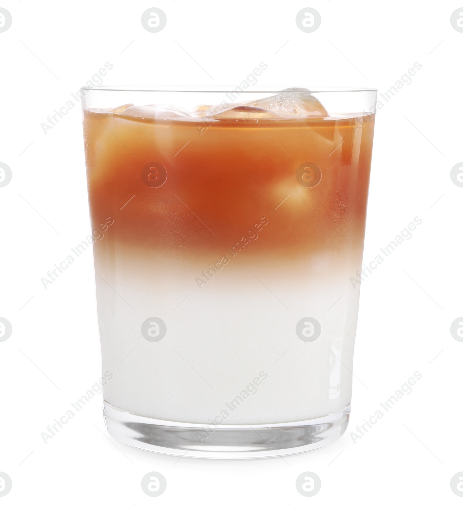 Photo of Glass of fresh iced coffee isolated on white